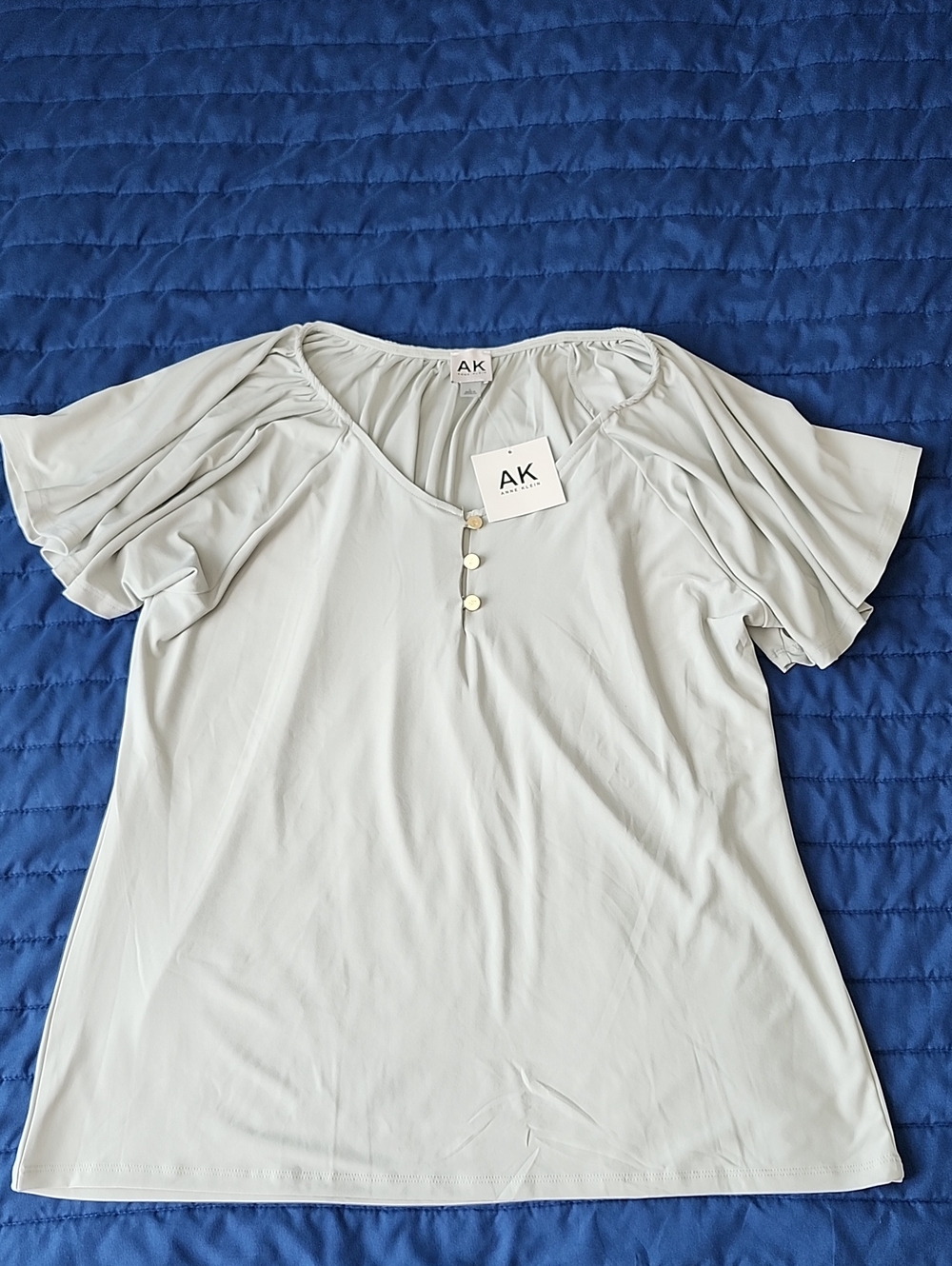 Anne Klein Desert Sage Knit Top Gold Button Flutter Sleeve | Large | NWT
